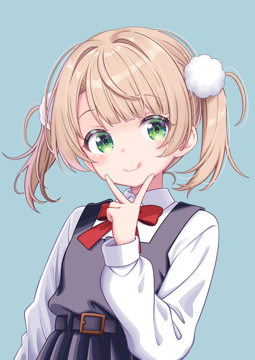 个人势虚拟主播、时雨羽衣(VTuber)、时雨羽衣（幼年）（Vtuber） 1名女孩 黑色连衣裙 金发 蓝色背景 蝴蝶结