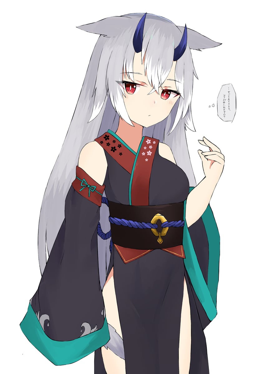 原创 1名女孩 兽耳 露肩 黑色和服 黑色袖子