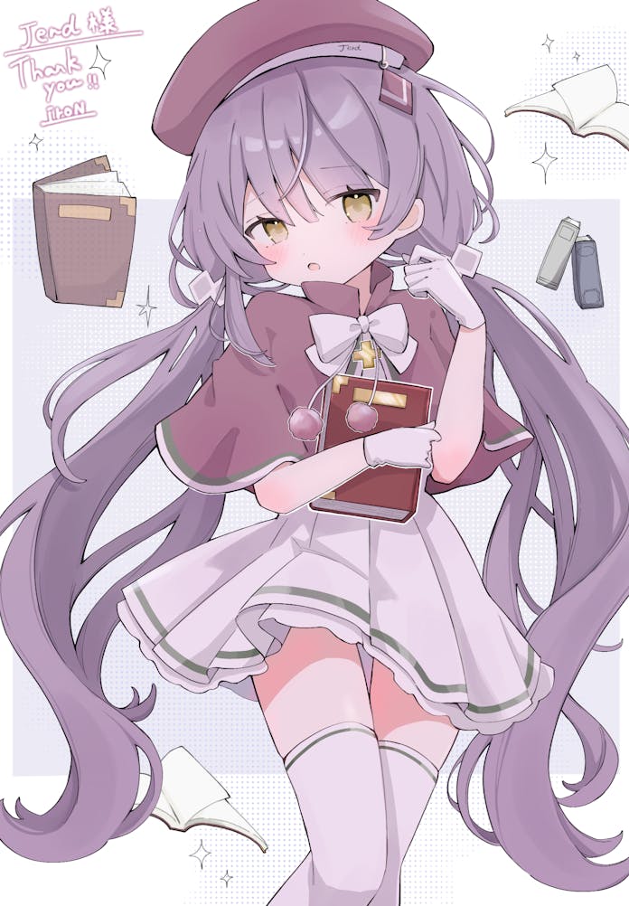 原创 1名女孩 贝雷帽 脸红 书 蝴蝶结