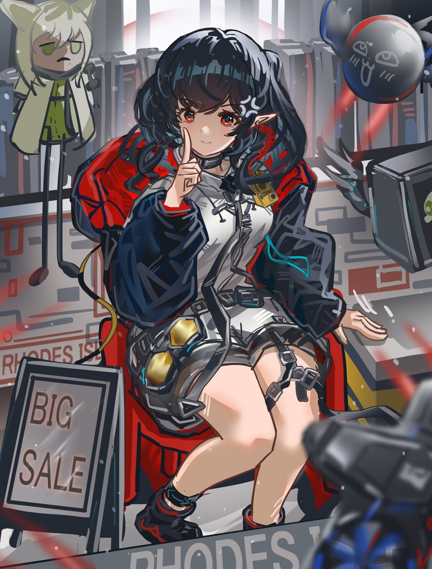 明日方舟、可露希尔 (明日方舟)、凯尔希 (明日方舟) 1名女孩 青筋 黑发 黑鞋 脸红