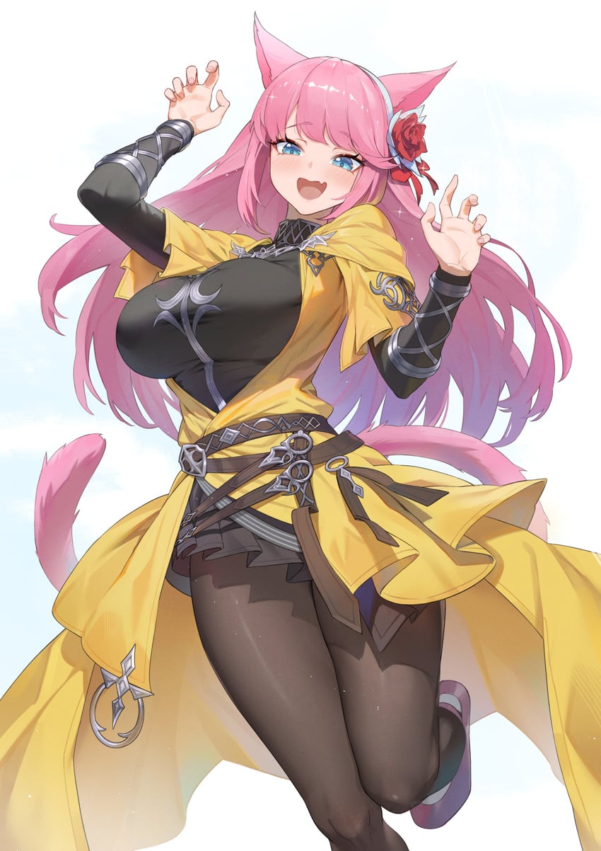 最终幻想、最终幻想14、光之战士 (FF14) 1名女孩 :D 兽耳 腰带 黑色连体衣