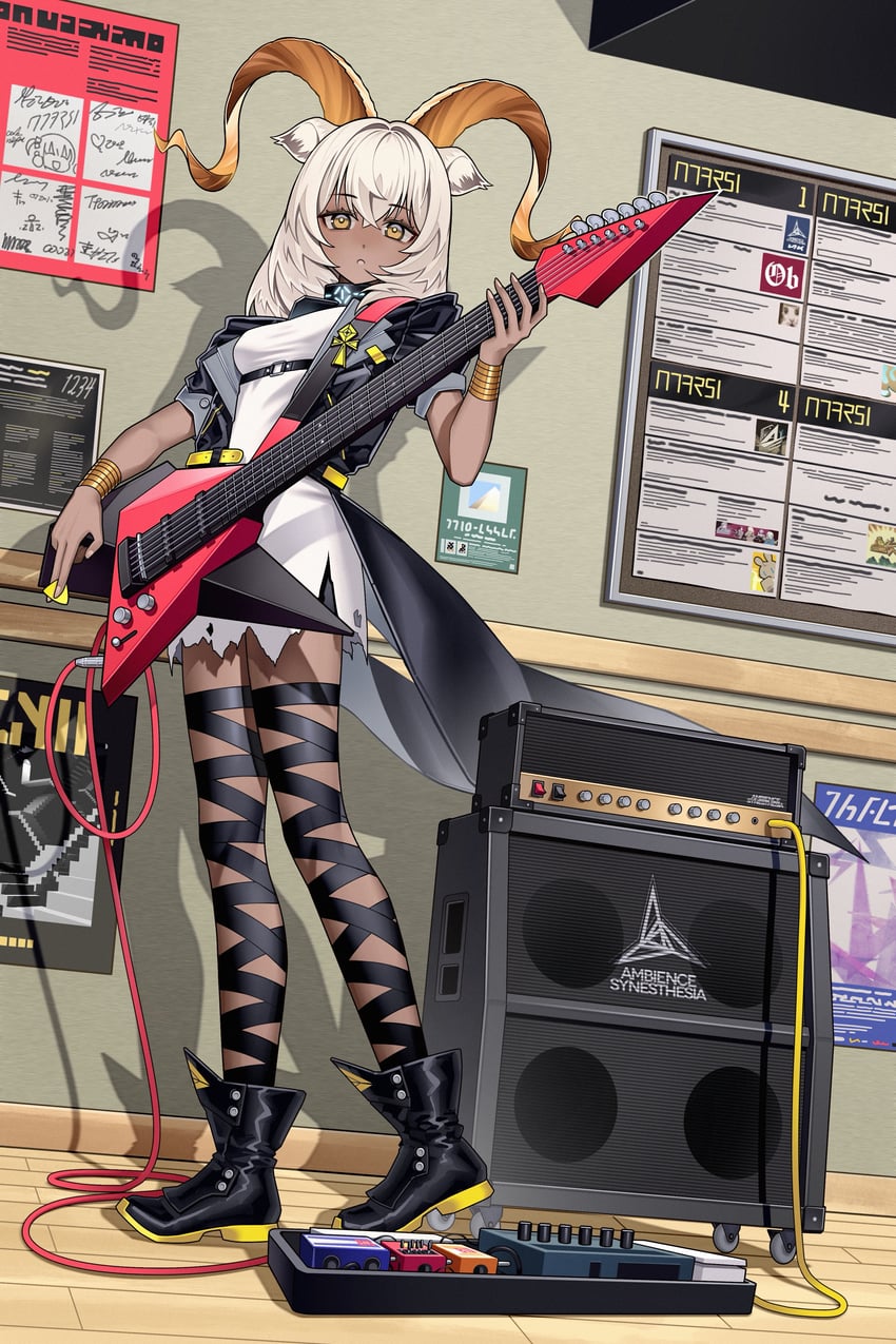 明日方舟、蜜蜡 (明日方舟) 1名女孩 放大器 兽耳 黑色靴子 黑领