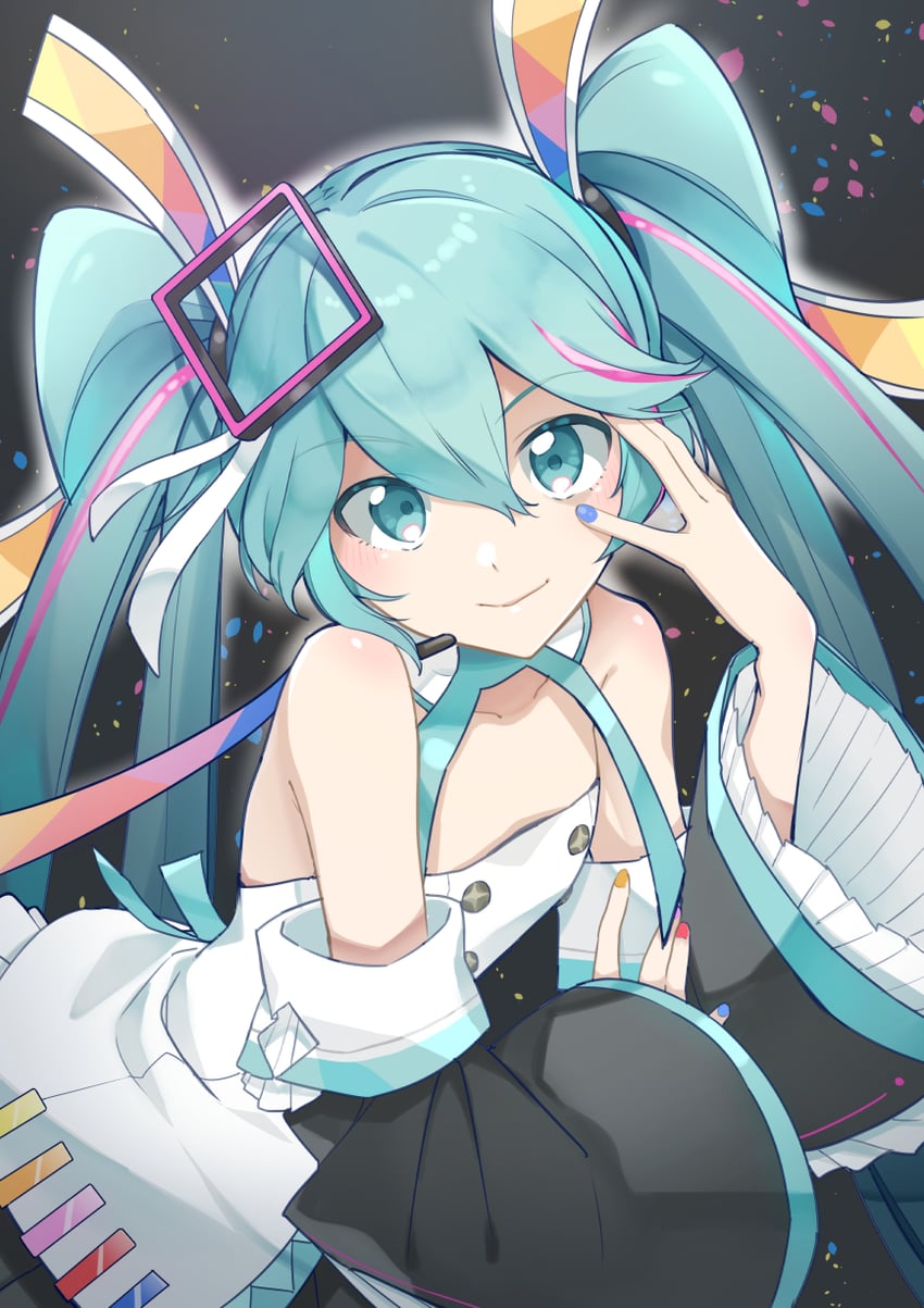 初音未来博览会、VOCALOID、展览会初音 1名女孩 水色瞳 水色发 水蓝色饰边 举手