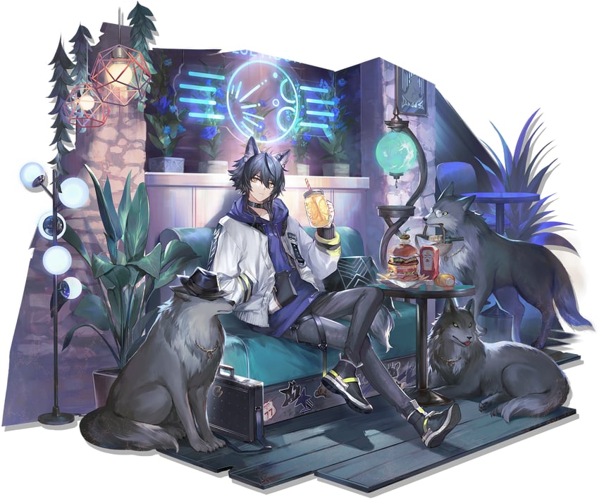 明日方舟、伺夜 (明日方舟)、伺夜 (叙拉古人) (明日方舟) 1名男孩 兽耳穿孔 兽耳 踝靴 篮子