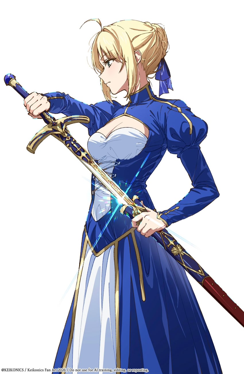 Fate/stay night、Fate系列、阿尔托莉雅·潘德拉贡 (Fate) 1名女孩 呆毛 金发 蓝色连衣裙 辫子