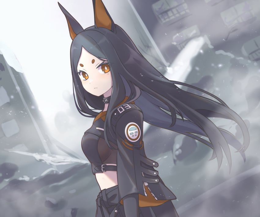 明日方舟、杜宾 (明日方舟) 1名女孩 兽耳 黑发 黑色夹克 乳房