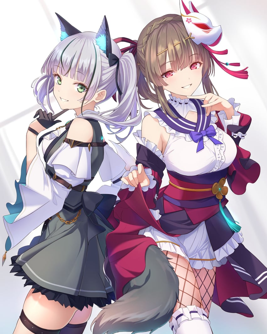 炽焰天穹、桐生美夜、桐生美也 (狐之神秘) 2名女孩 :D 兽耳毛 兽耳 露肩