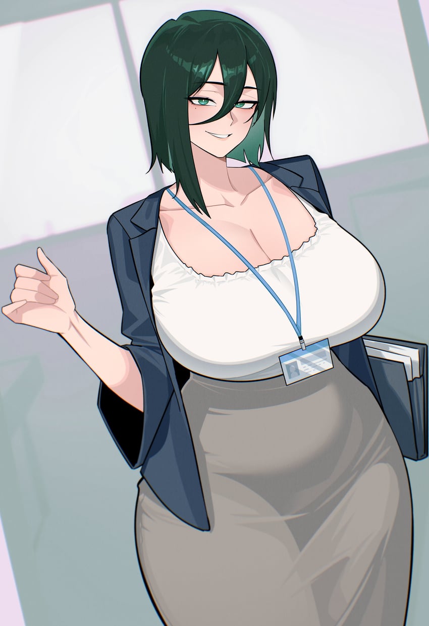 原创 1名女孩 不对称发型 黑色夹克 乳房 亮瞳
