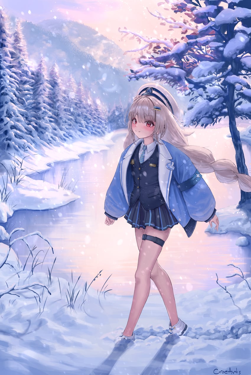胜利女神：妮姬、原创、索林 (霜之车票) (胜利女神：妮姬) 1名女孩 枯树 黑色裙子 脸红 樱花