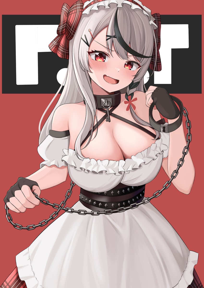 Hololive、沙花叉克萝耶 1名女孩 露肩 黑领 黑色手套 黑条纹/黑挑染