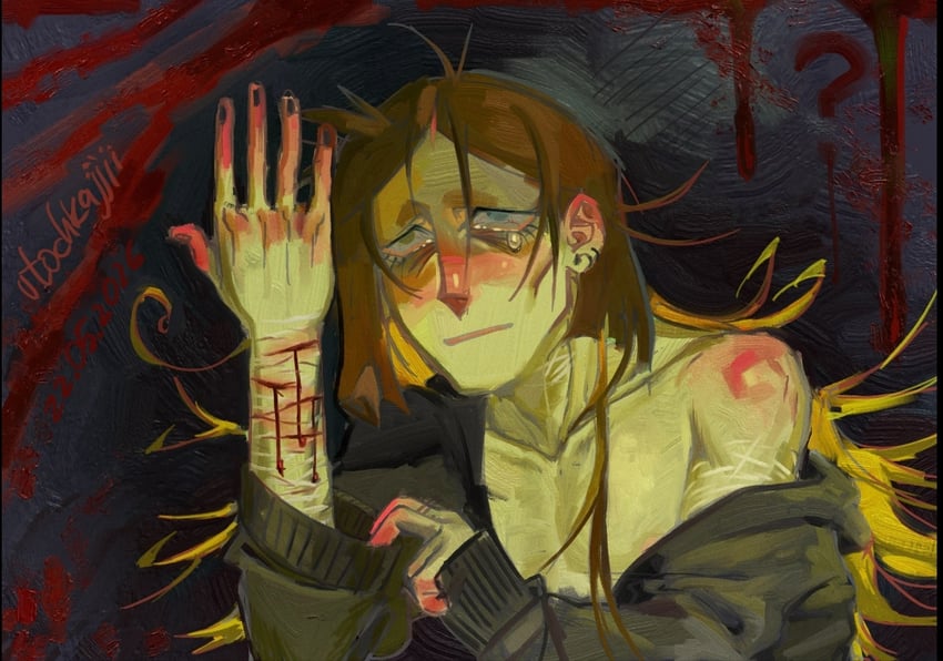 原创 1名男孩 黑色夹克 流血 血 棕发