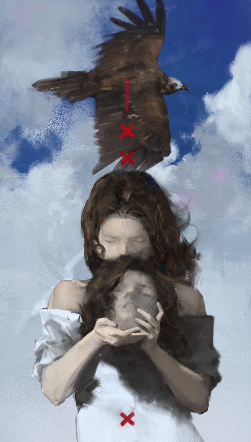 原创 2名女孩 蓝天 棕发 闭眼 云
