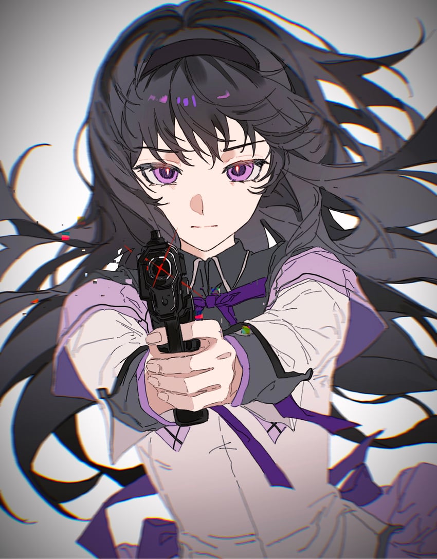 魔法少女小圆、魔法少女小圆、晓美焰 1名女孩 瞄准 瞄准观众 黑发 黑色发带