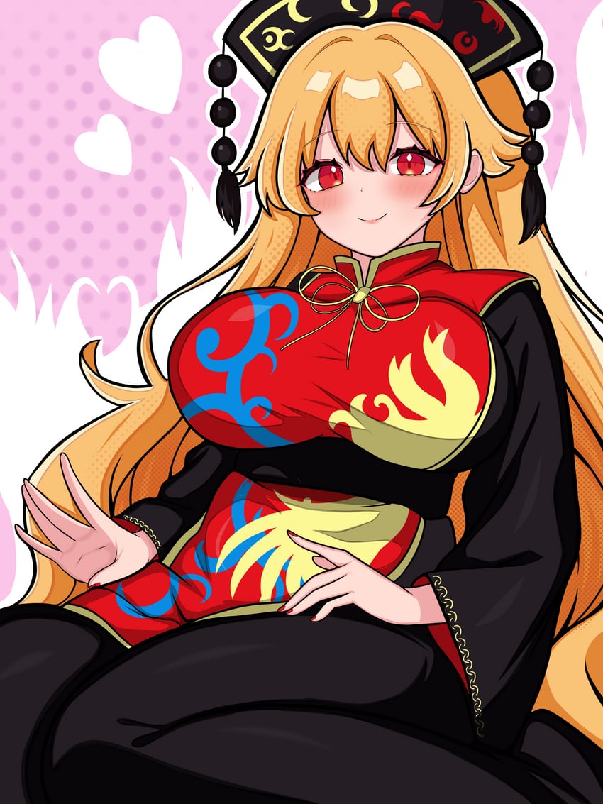 东方Project、纯狐 1名女孩 黑色连衣裙 金发 脸红 乳房