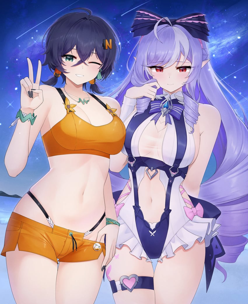绝区零、铃(夏日晴空)、铃 (绝区零) 2名女孩 呆毛 动物花纹 露肩 比基尼