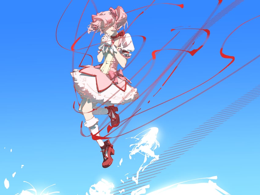 魔法少女小圆、魔法少女小圆、鹿目圆 1名女孩 蓝天 蝴蝶结 泡泡裙 项圈
