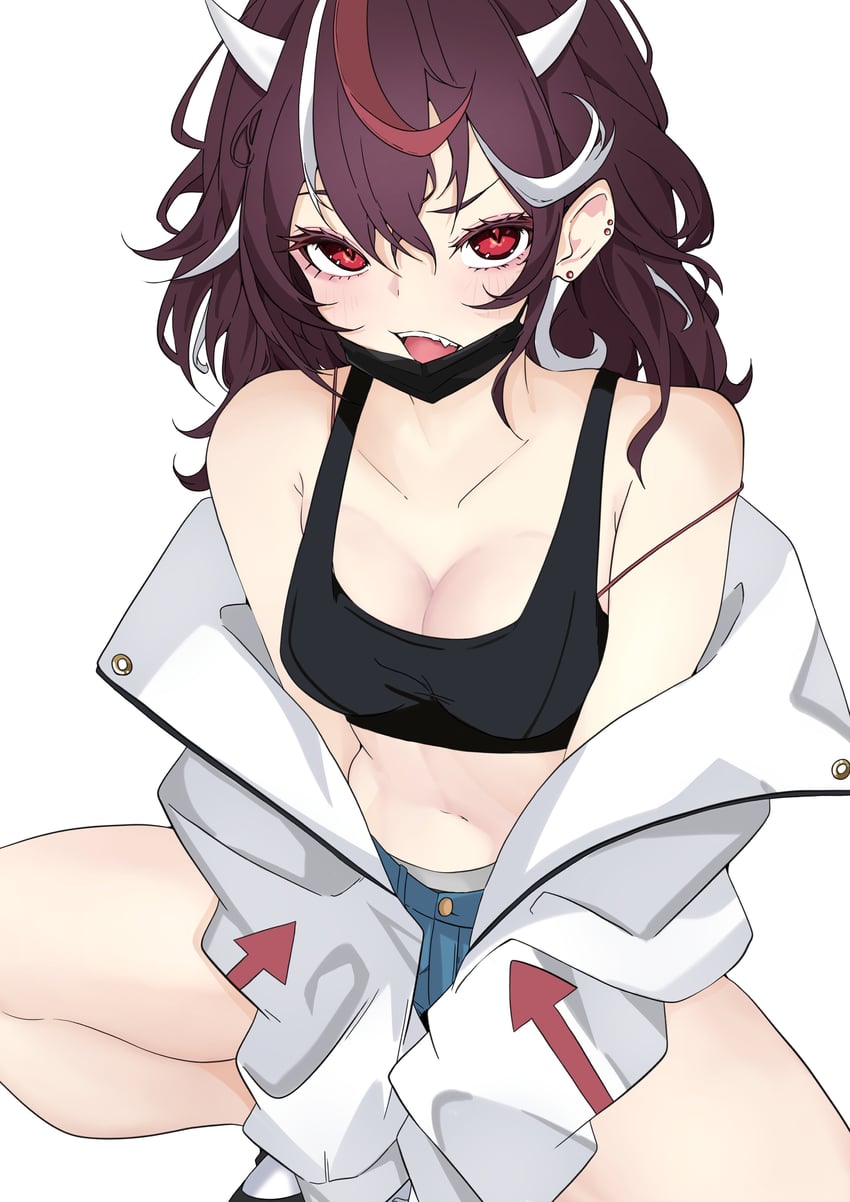 东方Project、鬼人正邪 1名女孩 箭头印花 蓝色短裤 乳房 棕发