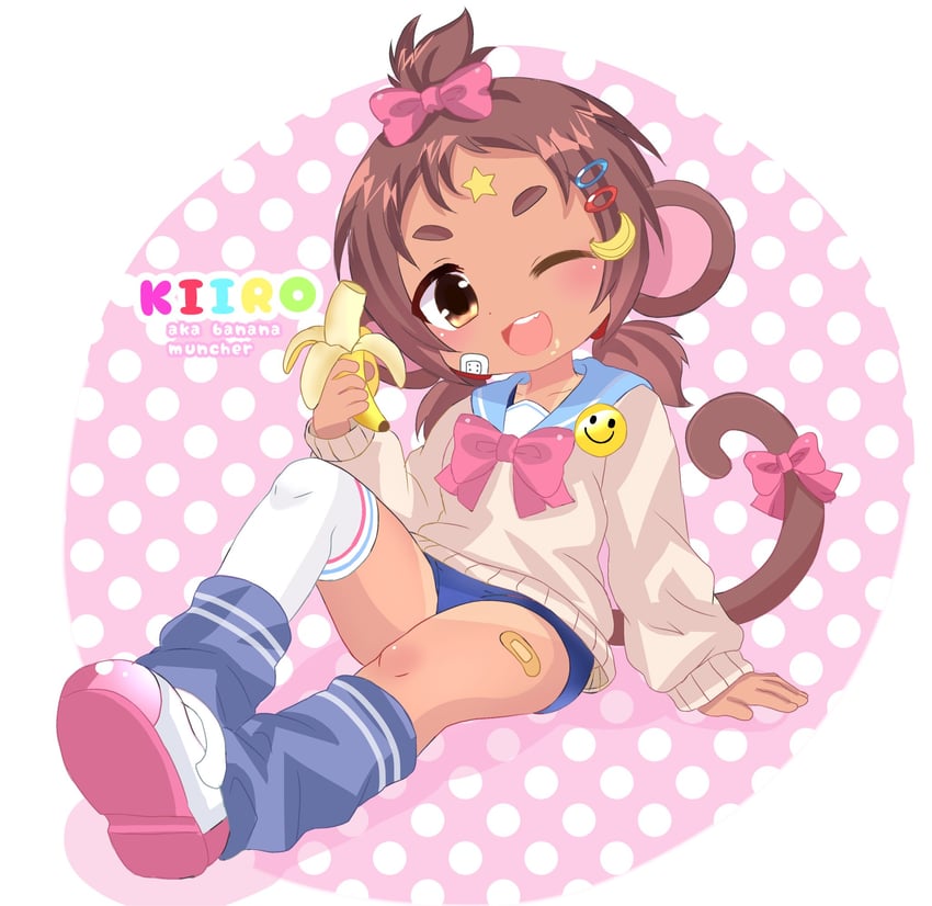 原创、kiiro (bananafryapple) 1名女孩 兽耳 不对称腿部穿着 香蕉 香蕉发饰