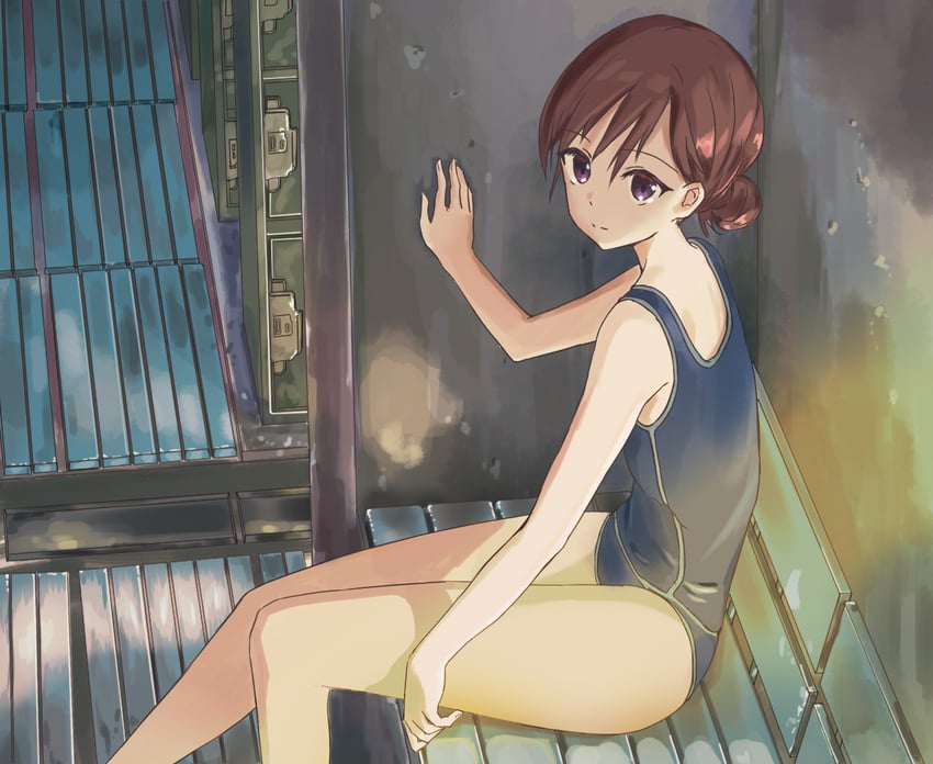 原创 1名女孩 裸臂 裸腿 长椅 黑色连体泳衣