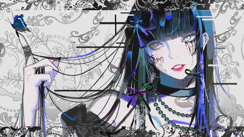 原创 1名女孩 露肩 黑色项圈 黑色连衣裙 黑发