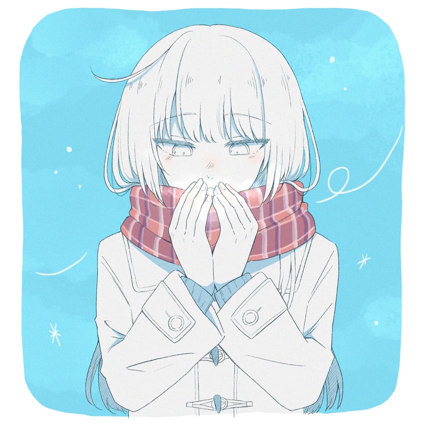 原创 1名女孩 蓝色背景 边框 吐息 棕围巾