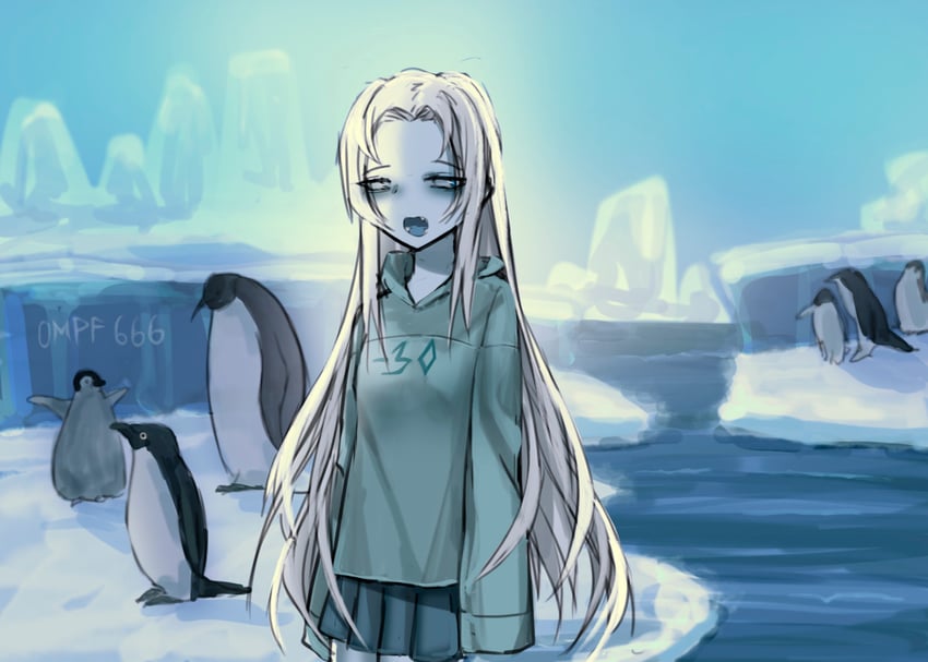 原创 1名女孩 南极洲 水蓝色连帽衫 眼袋 鸟