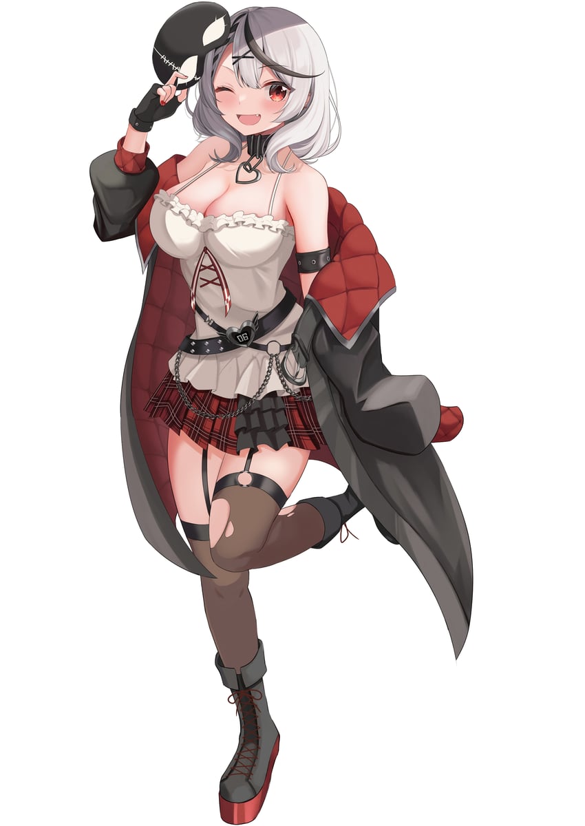 Hololive、沙花叉克萝耶、沙花叉库洛艾(第一套服装) 1名女孩 露肩 腰带 黑色皮带 黑色靴子