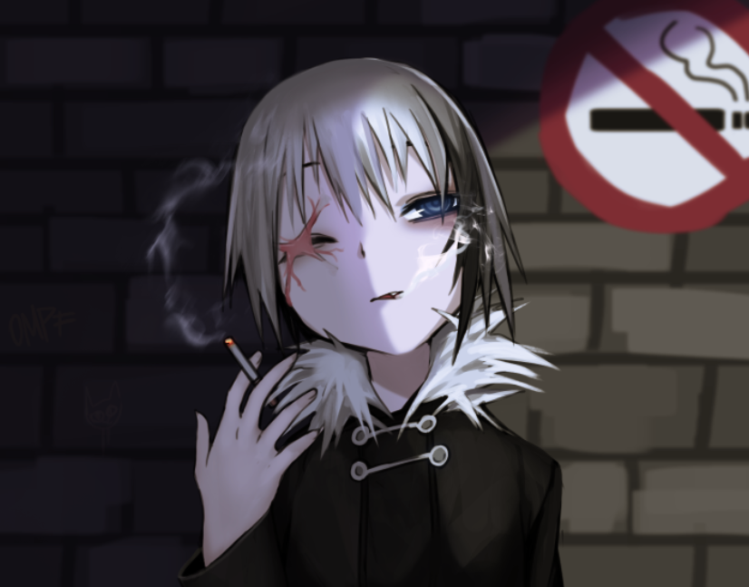 原创、跛脚 1名女孩 黑色大衣 蓝眼 砖墙 香烟