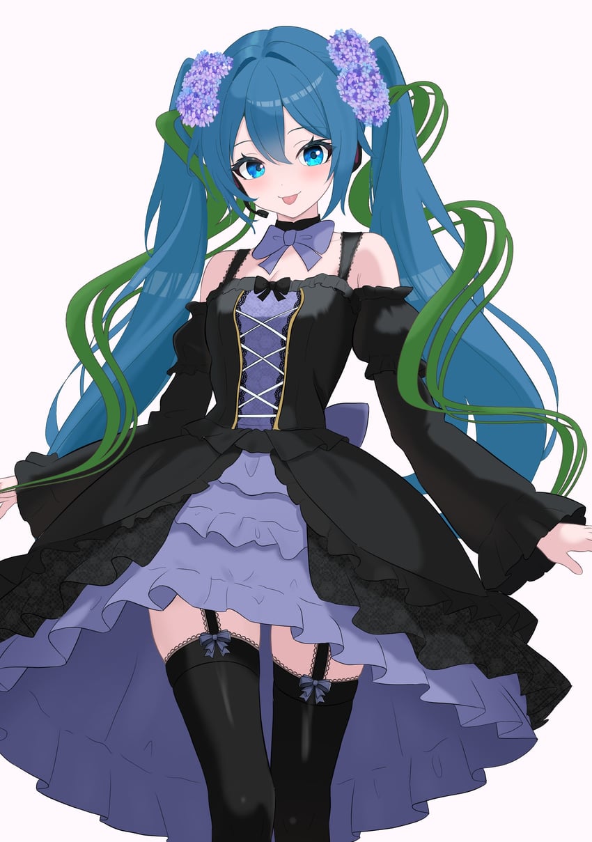 VOCALOID、初音未来 1名女孩 黑色连衣裙 黑色过膝袜 蓝眼 蓝发