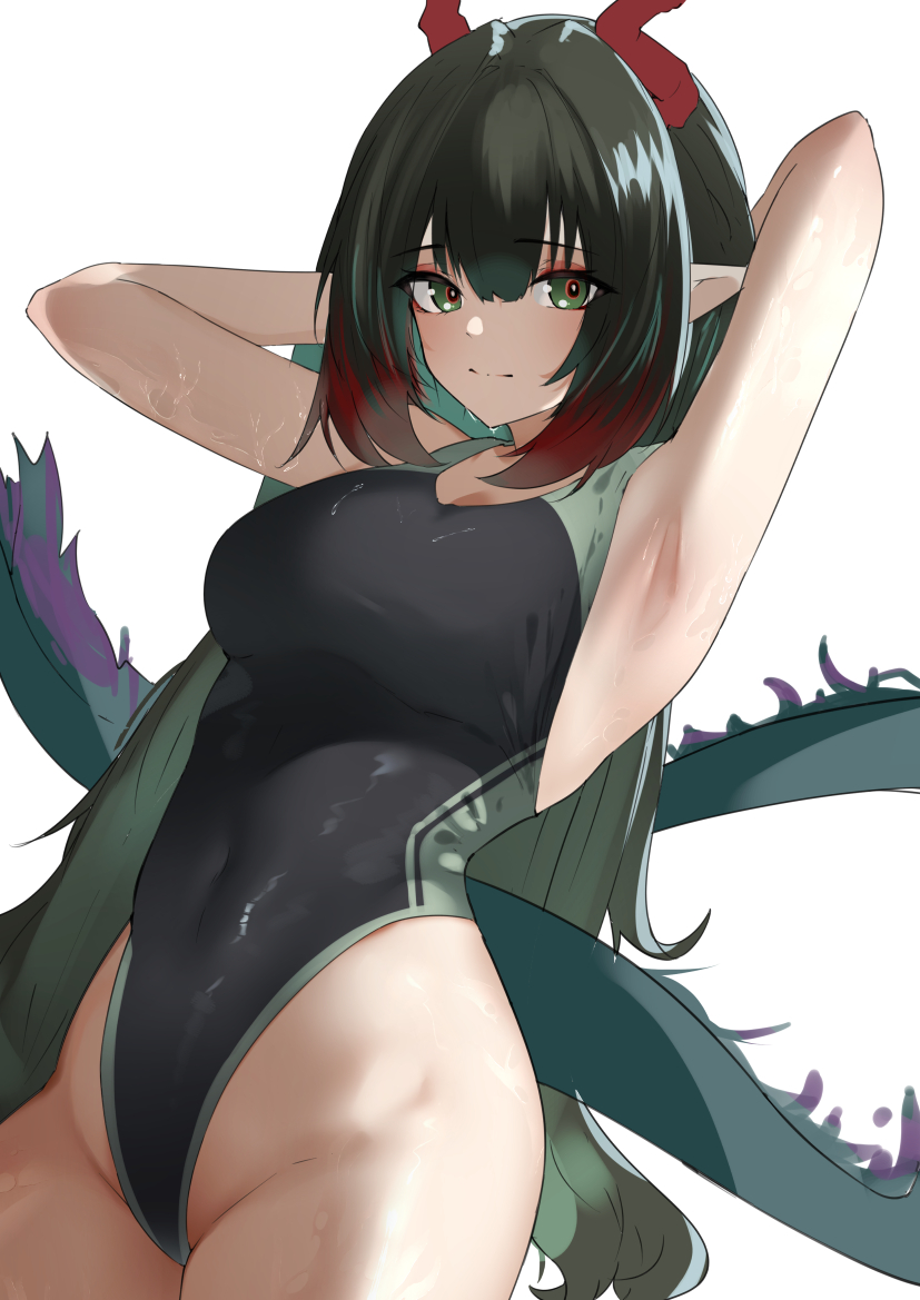 明日方舟、明日方舟：终末地、庄芳怡 (明日方舟) 1名女孩 替换服装 腋下 双手抱头 黑色连体泳衣
