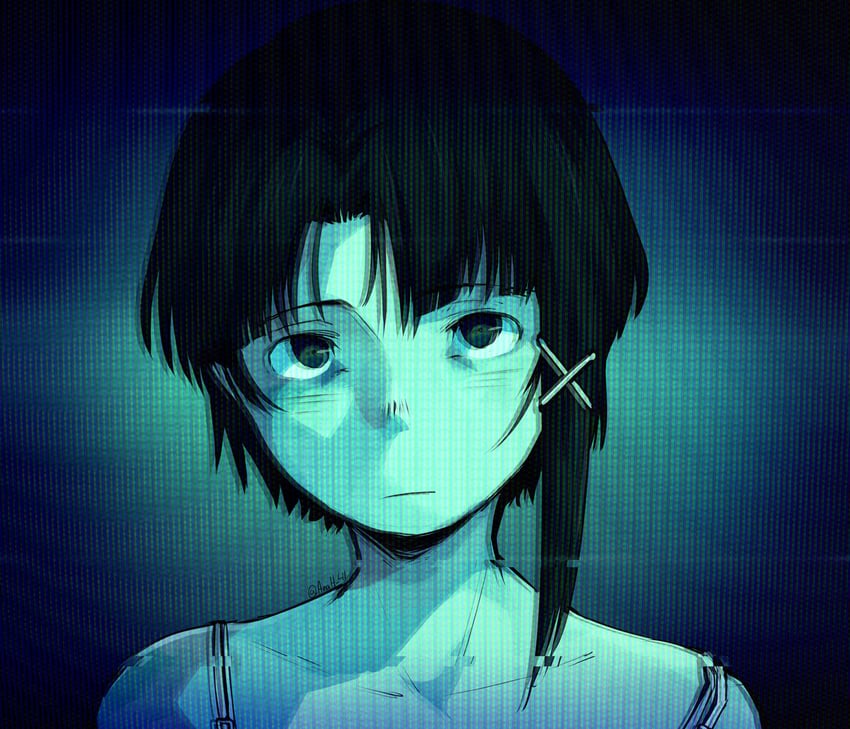 玲音 (Serial Experiments Lain)、岩仓玲音 1名女孩 不对称发型 蓝色主题 闭嘴 锁骨
