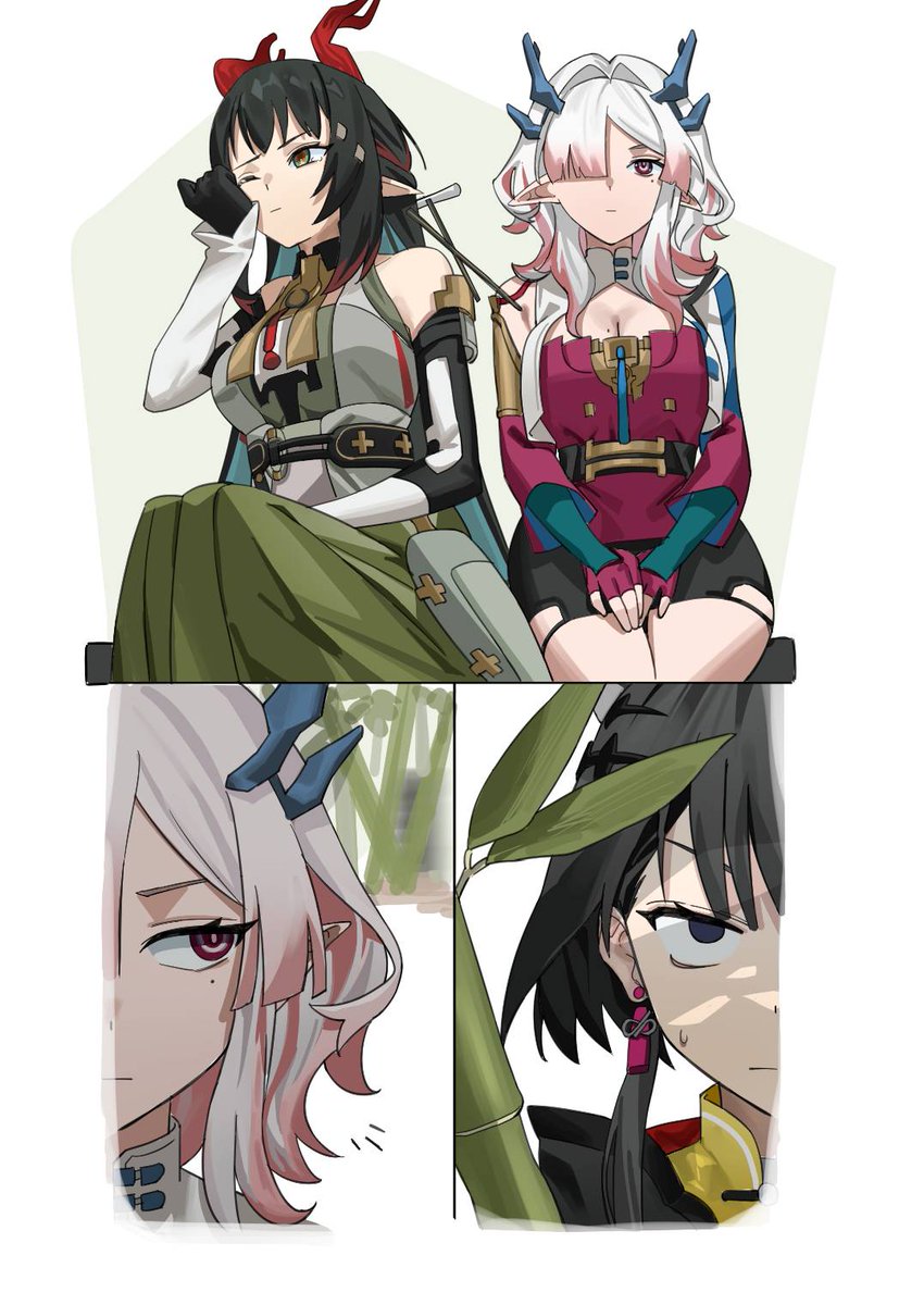 明日方舟、明日方舟：终末地、弥伏 (明日方舟) 3人女子 竹子 黑发 乳房 龙娘