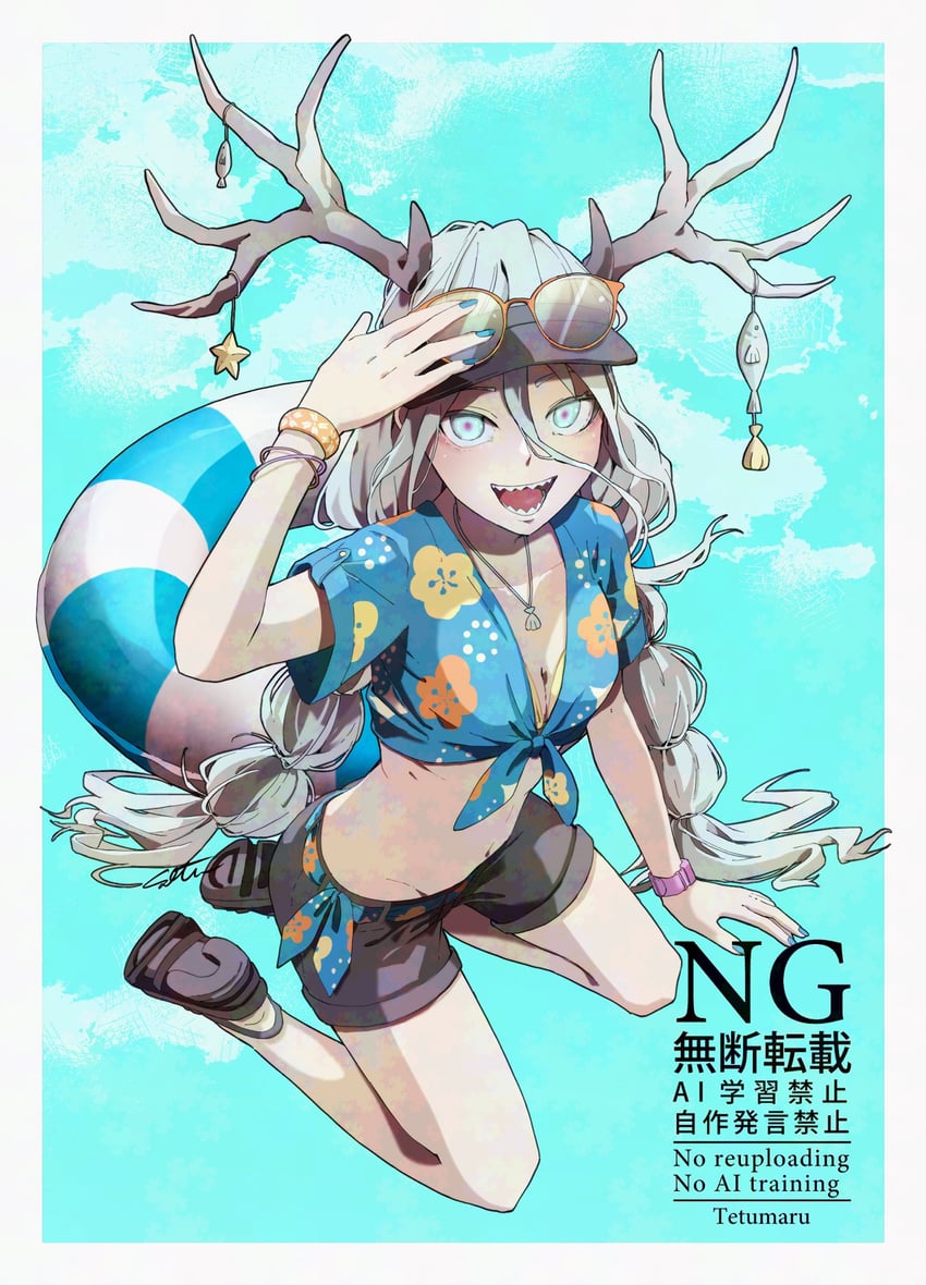 Fate/Grand Order、Fate系列、娄希 (Fate) 1名女孩 鹿角 举手 黑色短裤 蓝色指甲