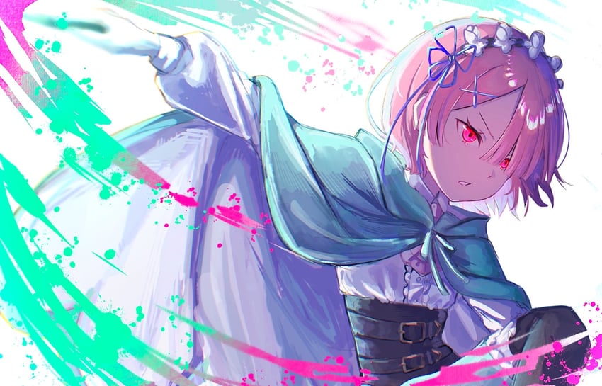 Re:从零开始的异世界生活、拉姆 (Re:Zero) 1名女孩 腰带 蓝色丝带 斗篷 绿色披风
