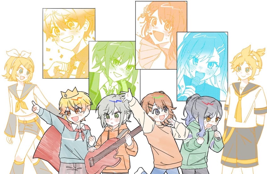 世界计划、VOCALOID、花里实乃理 2个男孩 4个女孩 幼化 举手 贝斯