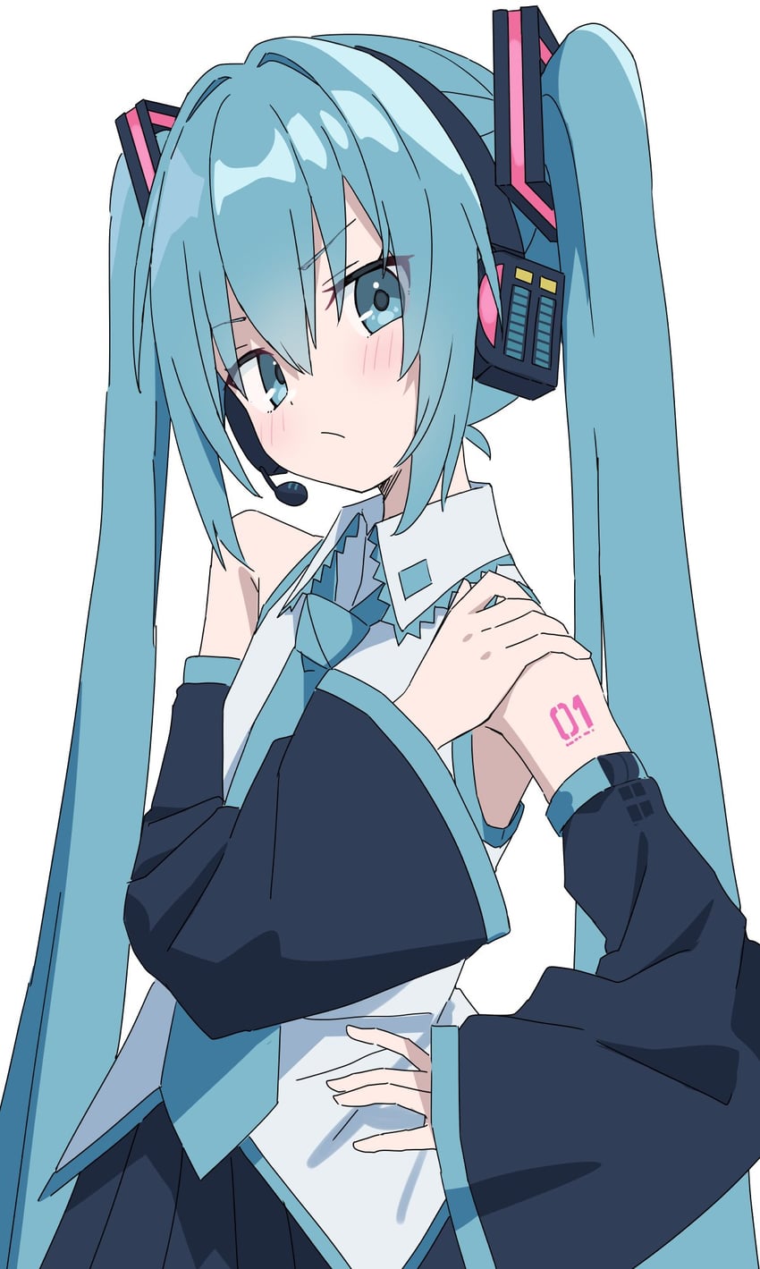 VOCALOID、初音未来 1名女孩 水色瞳 水色发 水蓝色领带 水蓝色饰边