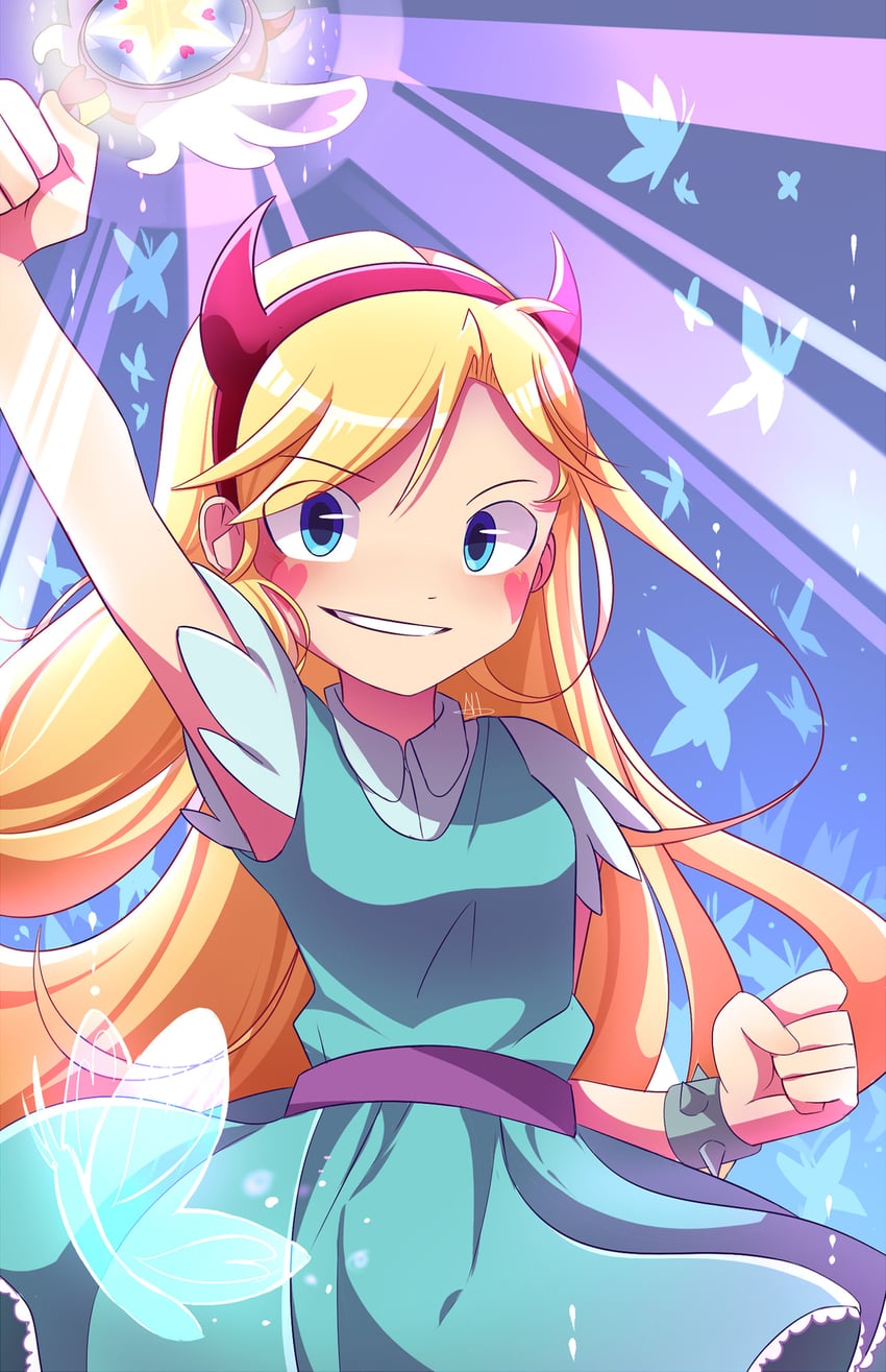 星蝶公主、星蝶公主 1名女孩 动画化 水蓝色连衣裙 水蓝色衬衫 举手