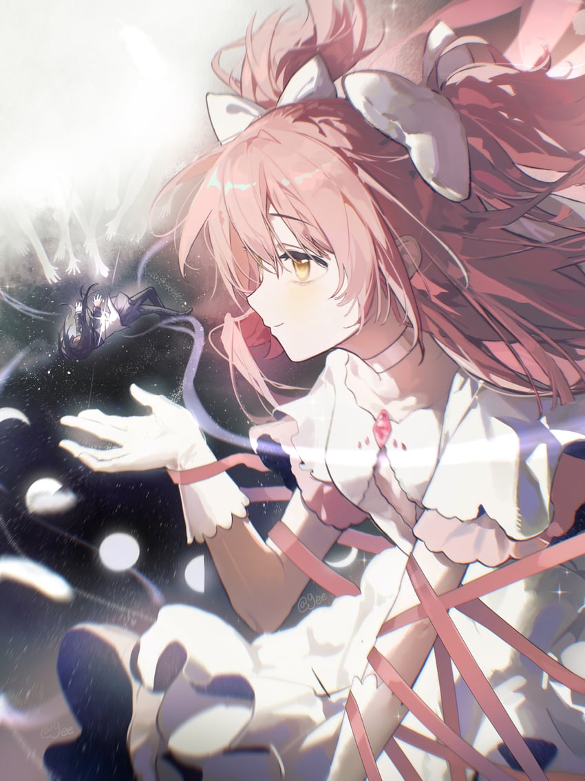 魔法少女小圆、魔法少女小圆、晓美焰 2名女孩 蝴蝶结 项圈 连衣裙 漂浮