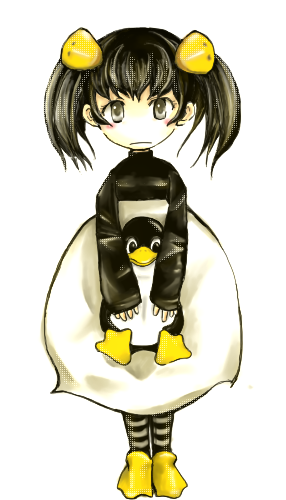 Linux、系统娘、Linux娘 1名女孩 鸟 黑发 黑色毛衣 脸红