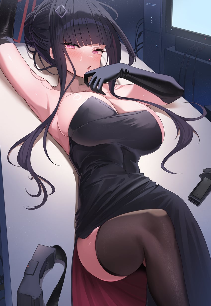 蔚蓝档案、莉央 (碧蓝档案)、莉音 (礼服) (蔚蓝档案) 1名女孩 黑色连衣裙 黑色手套 黑色过膝袜 乳房
