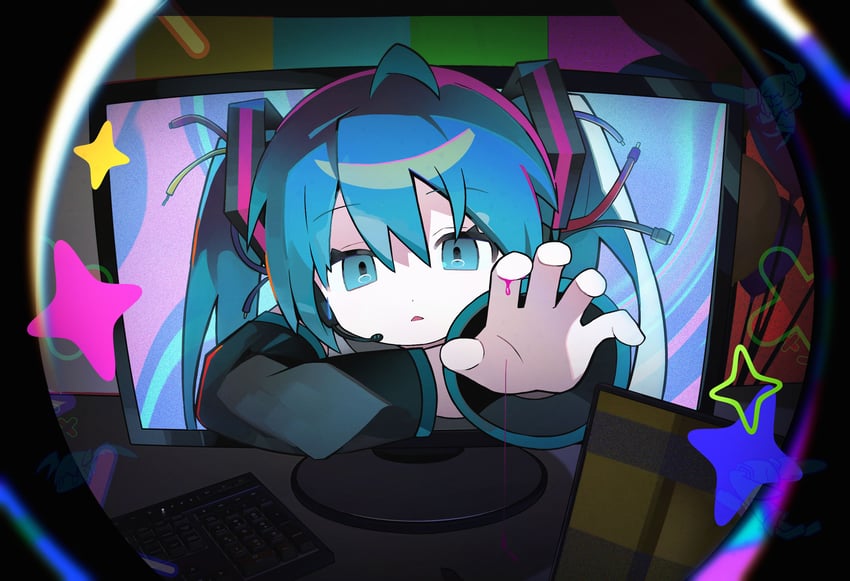 VOCALOID、初音未来 1名女孩 :< 呆毛 黑色袖子 血
