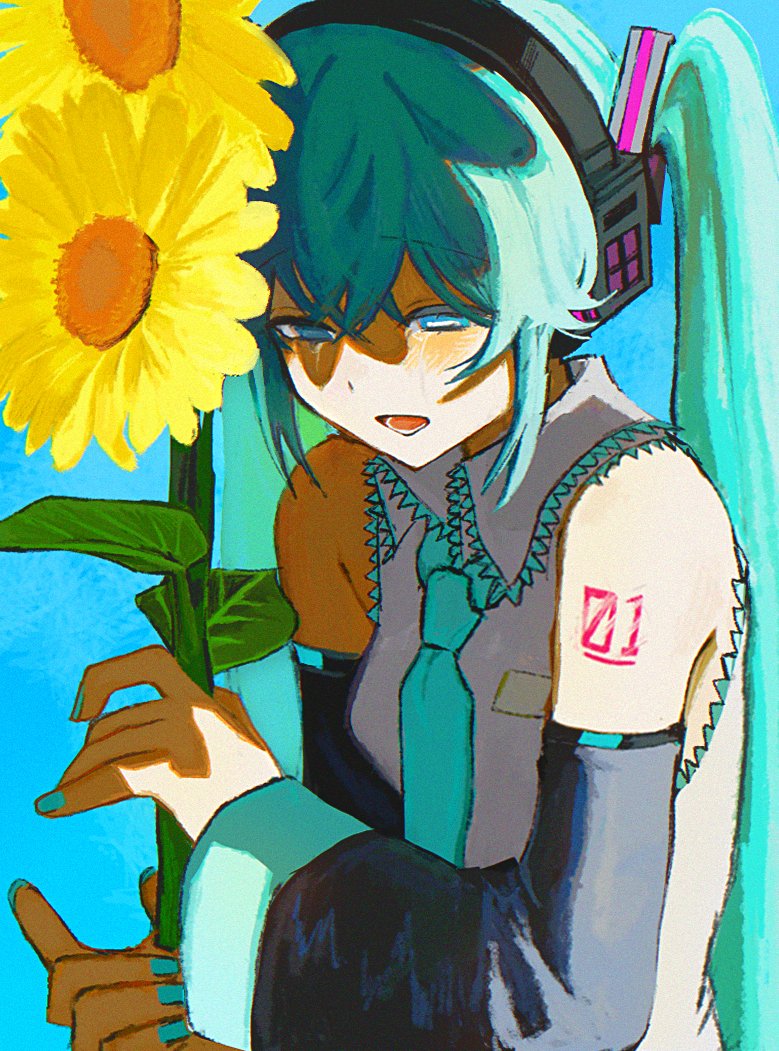 VOCALOID、初音未来 1名女孩 手臂纹身 露肩 黑色袖子 蓝眼