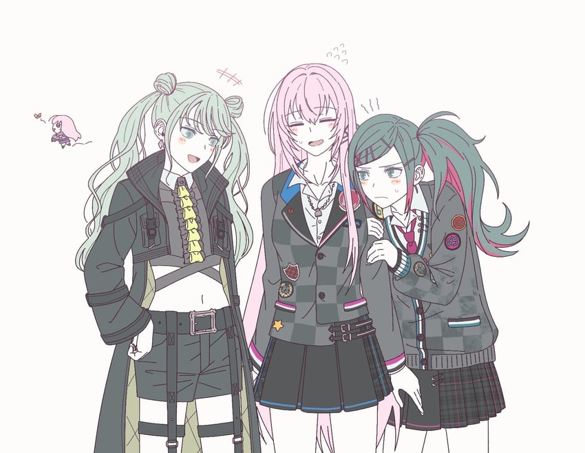 世界计划、VOCALOID、初音未来 3人女子 抱住手臂 手放在身体两侧 撩起刘海 腰带