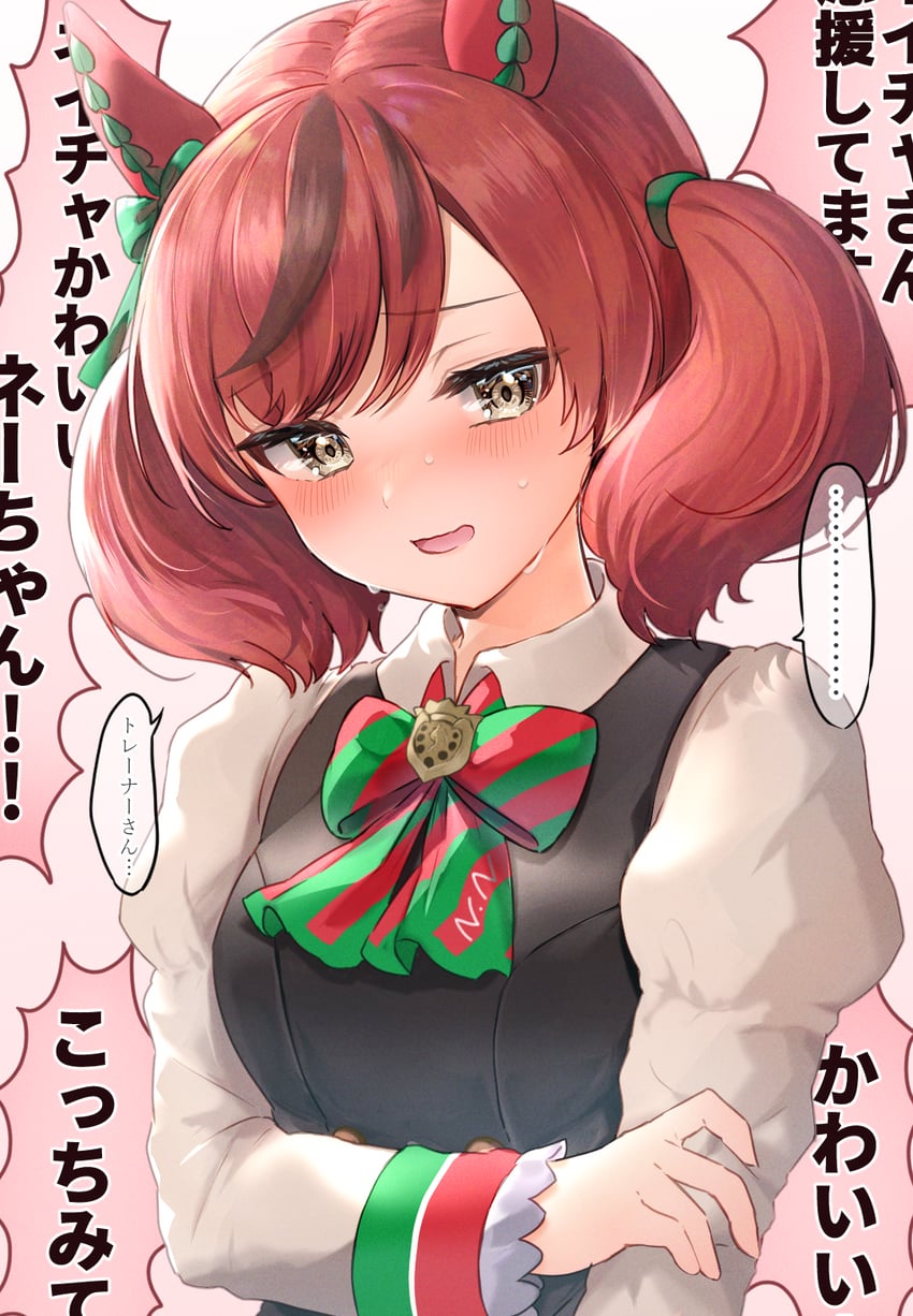 赛马娘、优秀素质 (一品红缎带) (赛马娘)、优秀素质 (赛马娘) 1名女孩 兽耳 黑色连衣裙 脸红 蝴蝶结