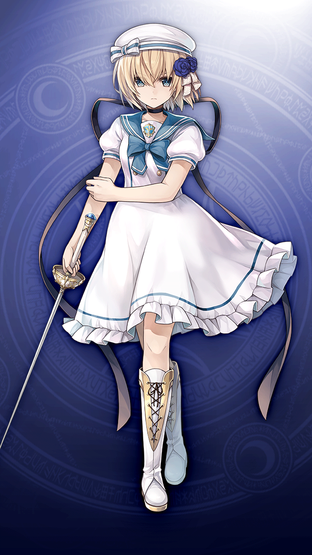 格林笔记、jeanne d'arc (gakuen) (grimms notes)、圣女贞德 (格林笔记) 1名女孩 金发 蓝色背景 蓝色水手领 靴子