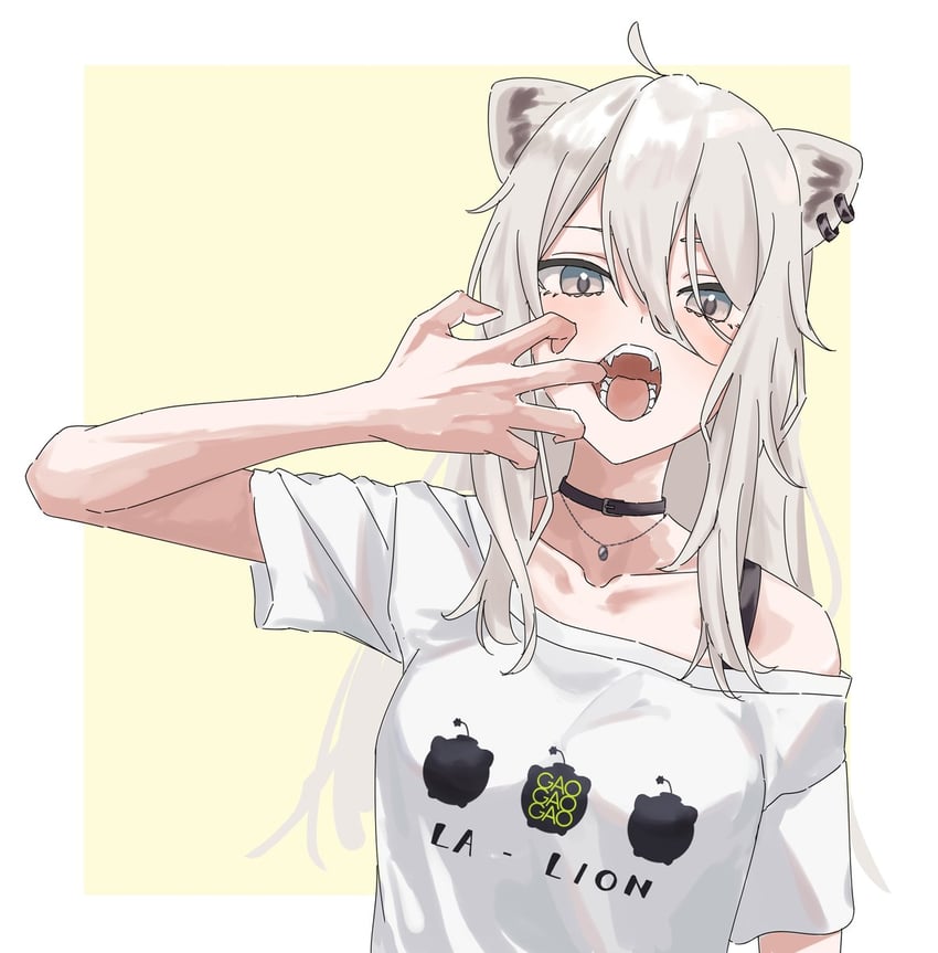 Hololive、狮白牡丹、狮白牡丹 (深夜便利店) 1名女孩 呆毛 兽耳穿孔 兽耳 黑色项圈