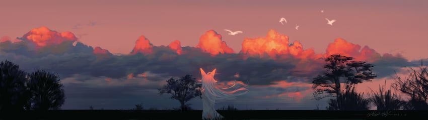原创 1名女孩 兽耳 双手背在身后 彩云 有日期