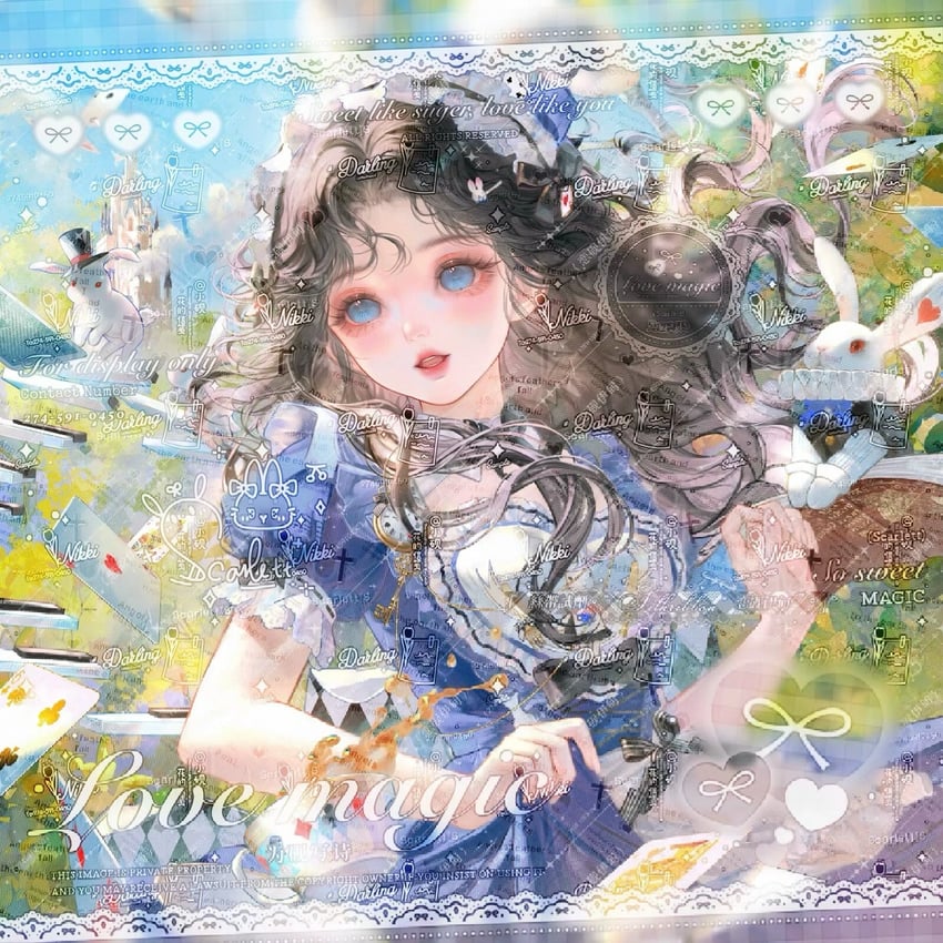 爱丽丝梦游仙境、原创 1名女孩 动物 黑发 卡片 发光