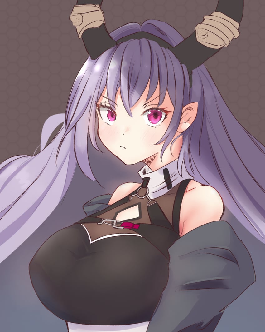 明日方舟、提丰 (明日方舟) 1名女孩 露肩 黑角 黑衬衫 乳房