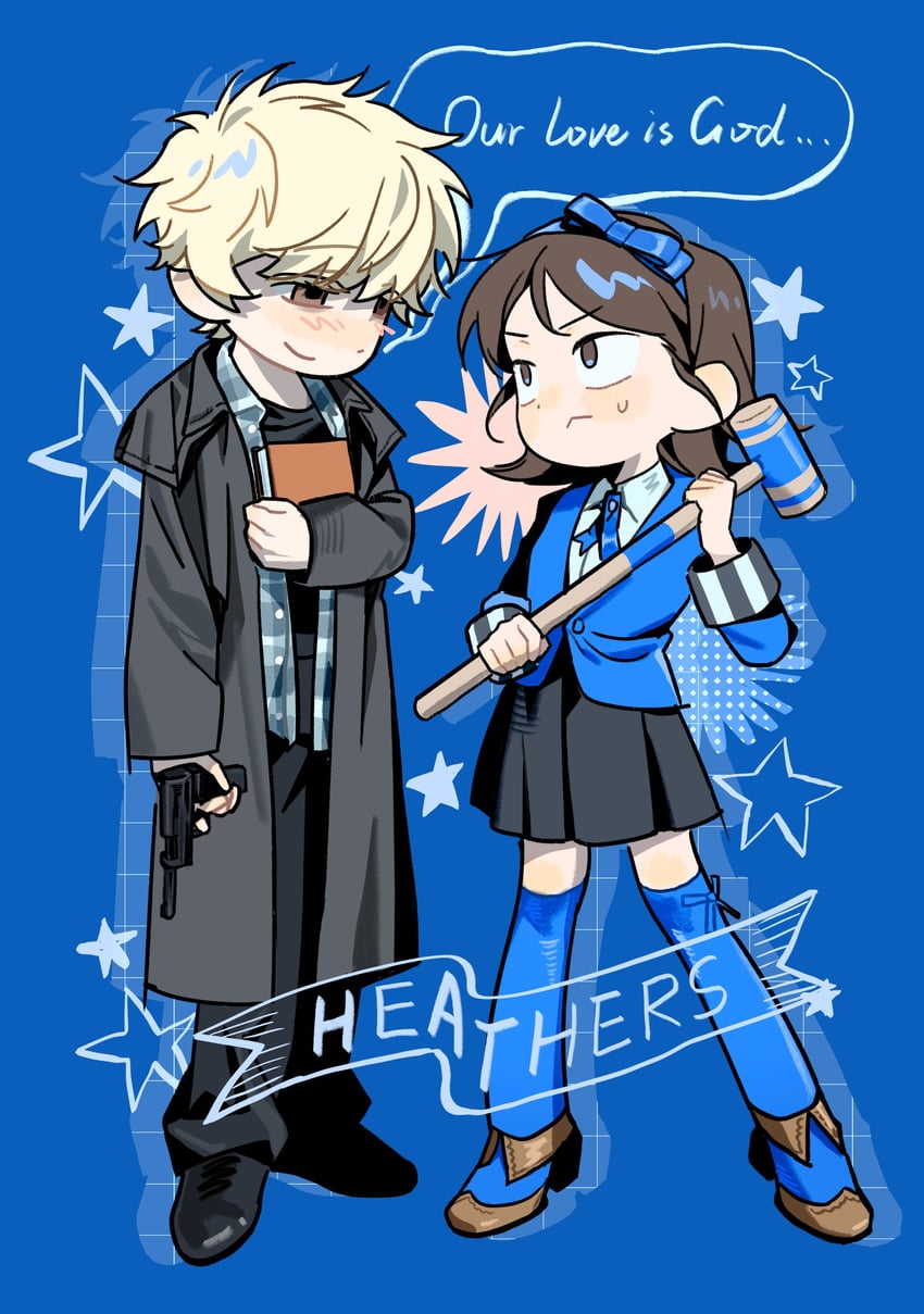 希瑟姐妹、heathers the musical、跃动青春 1名男孩 1名女孩 黑色大衣 黑色连裤袜 黑衬衫
